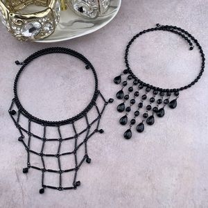 Black Beaded Snake Coil Wrap Choker Bib Necklaces - Lot of 2